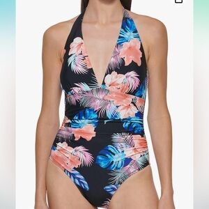 DKNY One Piece Swimsuit Floral Size small S tummy control SPF protection​​​​​​